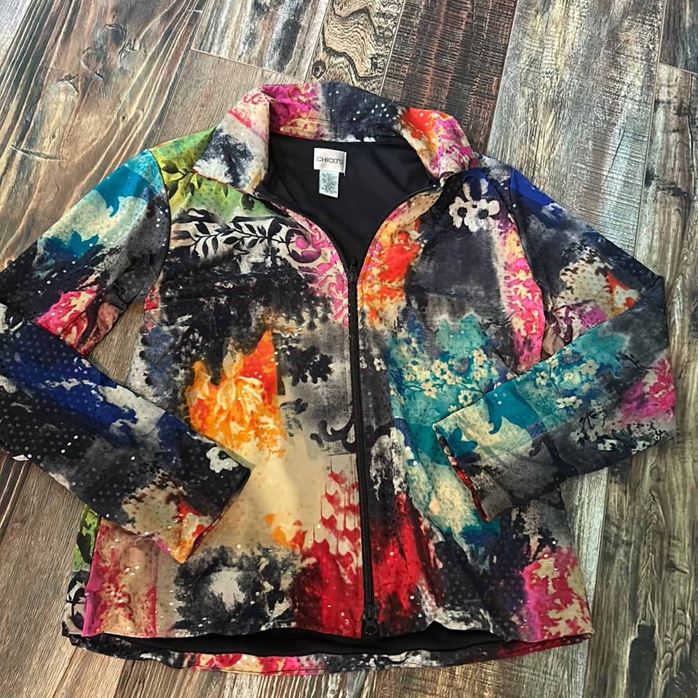 Chico’s sparkly multicolored polyester zip jacket size 1 preloved